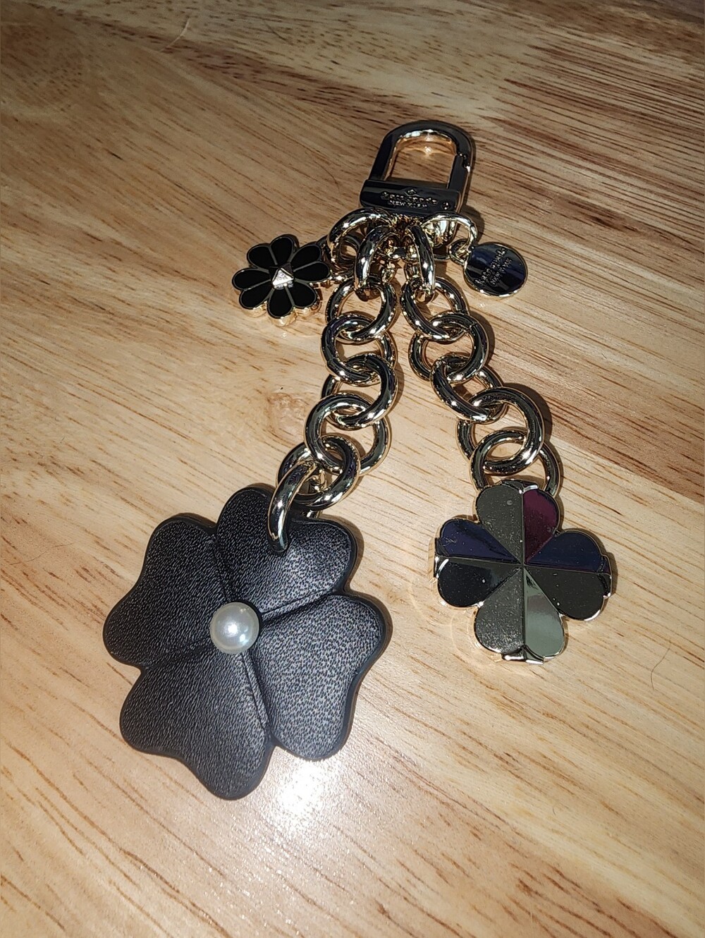 Kate Spade Gold Black Floral Pearl Leather Purse Charm Bag NWOT - Picture 3 of 5